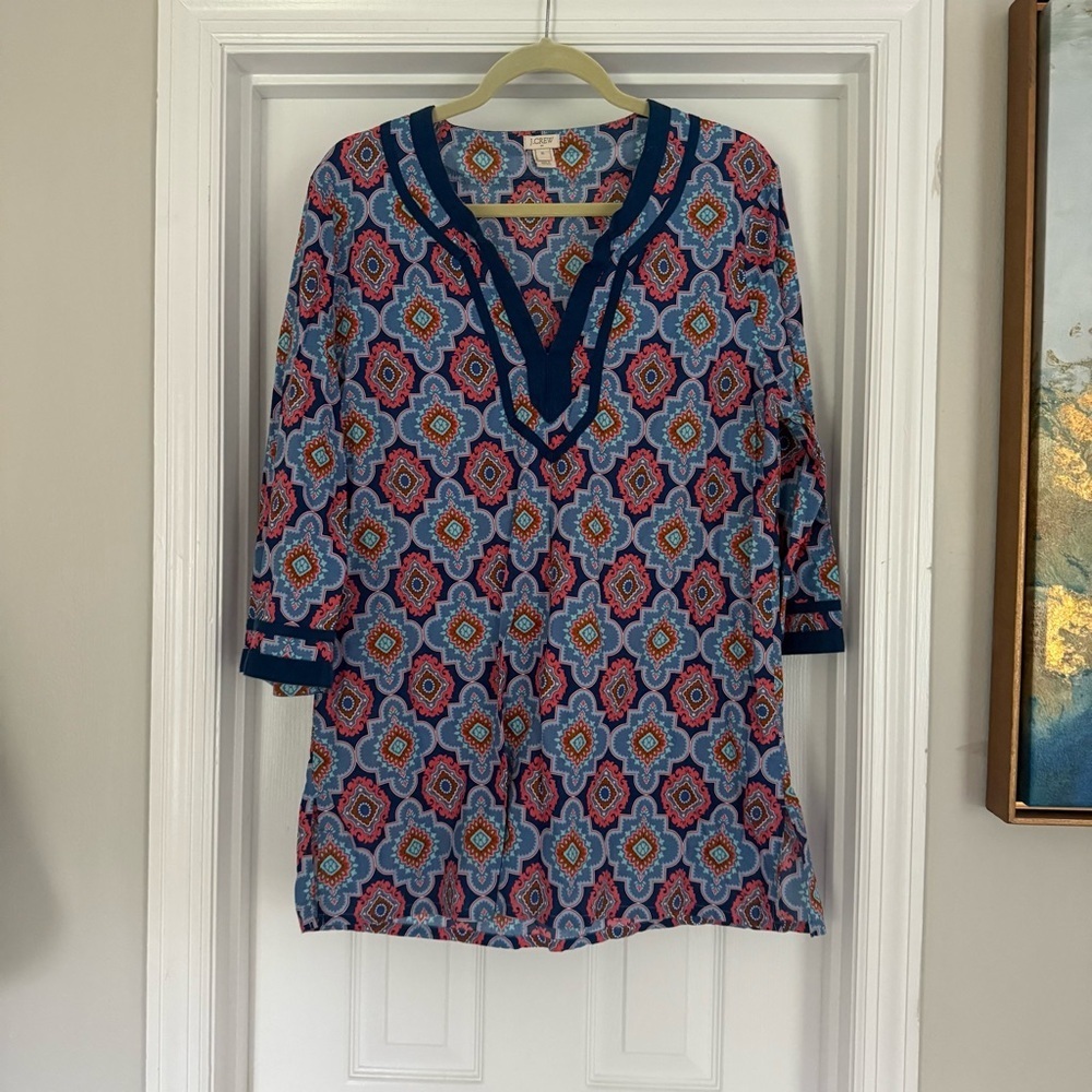 J. Crew V Neck Blue Cotton Tunic Blouse Top XL Cotton